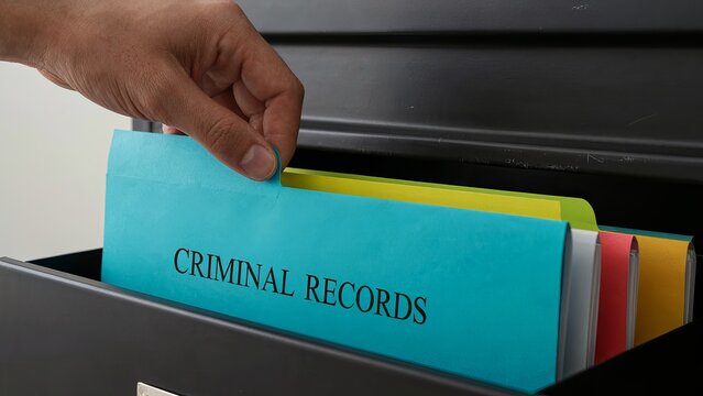 Criminal records files organized in a metal cabinet with a person searching through them.