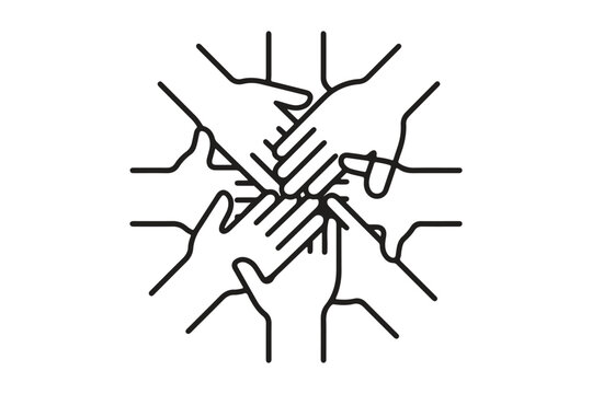 Monochrome outline vector graphic illustration of multiple diverse hands stacked together in unity