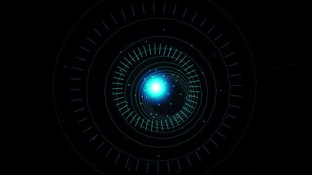 Abstract glowing blue energy vortex tunnel with digital grid and particles futuristic technology