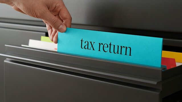 Tax return document inside a colorful hanging folder organized within a steel office filing cabinet.