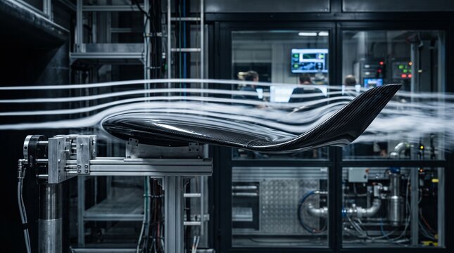 Carbon fiber airplane wing model mounted inside modern wind tunnel facility displaying white smoke trail airflow aerodynamics testing engineering laboratory research equipment