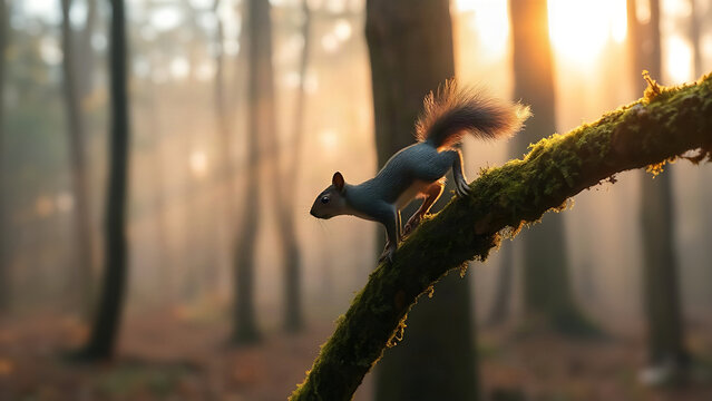 A squirrel gliding along a mossy vine in a misty forest at dawn.