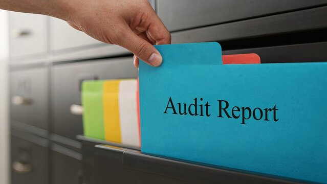 Audit report folder being retrieved by an accountant from a black metal office filing cabinet.