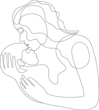 Continuous Line Art Mother Kissing Baby Forehead Motherhood Love Vector Illustration in AI EPS SVG PNG