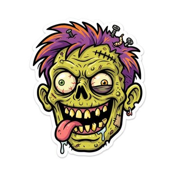 Cartoon zombie head with purple hair isolated on white