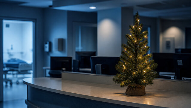 Small undecorated-looking artificial Christmas tree standing on the
