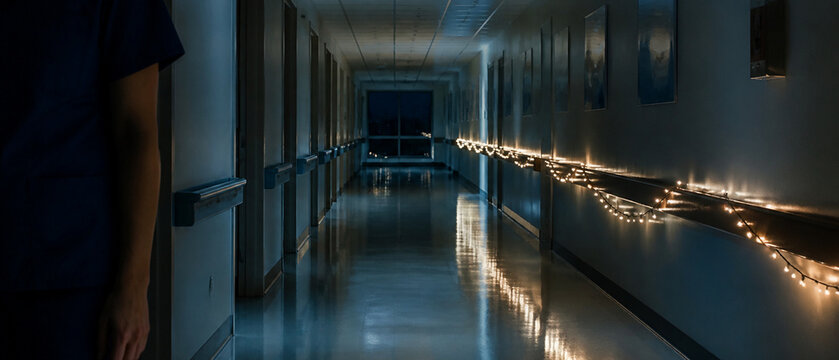 Empty hospital corridor at night receding to a dark window