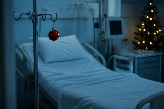 Single red glass bauble hanging from the hook of an IV pole beside an
