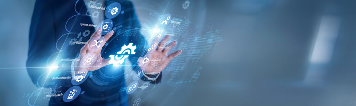 System administrator touching virtual screen with gear icons for Settings, configuring users, preferences, permissions, alerts, security, controls, and app behavior for teams today now.