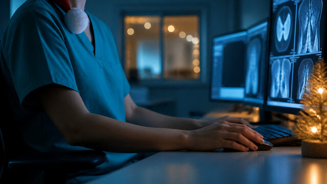 Faceless clinician in teal scrubs wearing a small santa hat