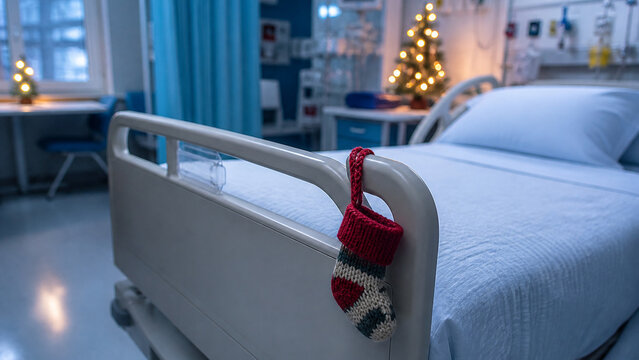 Empty pediatric ward bay with a small knitted stocking hung on the