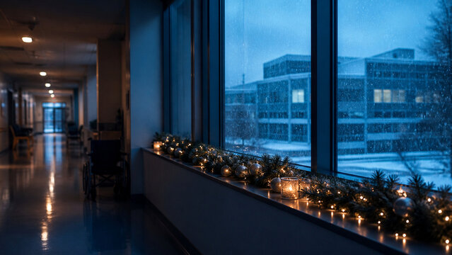 Snow falling outside a large hospital window seen from inside a dim