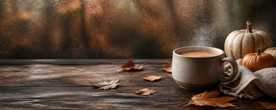Steaming cup of coffee on old wooden table with autumn leaves and pumpkins. Cozy fall lifestyle scene with hot drink and copy space. Thanksgiving and autumn season concept.
