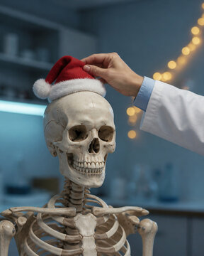 Faceless hand placing a small santa hat onto the skull of an