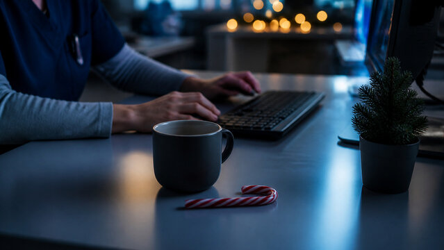 Single coffee cup and a candy cane resting on a workstation desk at