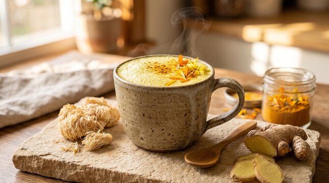 Warm Lions Mane Mushroom Golden Milk Turmeric Latte Elixir