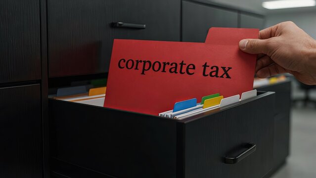 Corporate tax folder being pulled from an open office file drawer to review financial documentation and compliance.