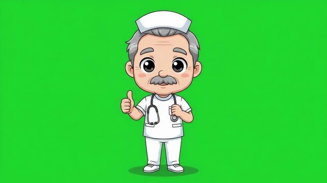 Cute cartoon male nurse character giving thumbs up gesture on green screen background.