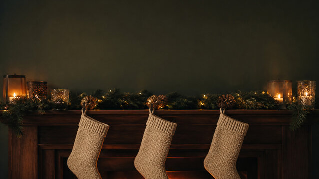 Fireplace mantel with three plain knitted stockings hung along it