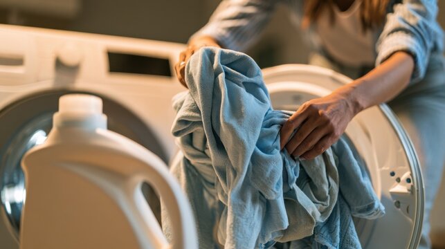 Close-up of a person taking clean laundry from a washing machine in a modern home. Everyday household routine illustrating laundry care, domestic work, cleanliness and responsible living