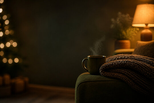 Folded knitted blanket and a steaming mug resting on the arm of a sofa