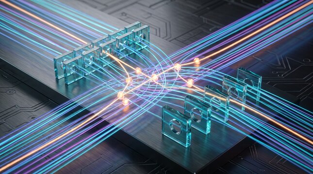 Glass 3D blocks render crossing luminous data channels