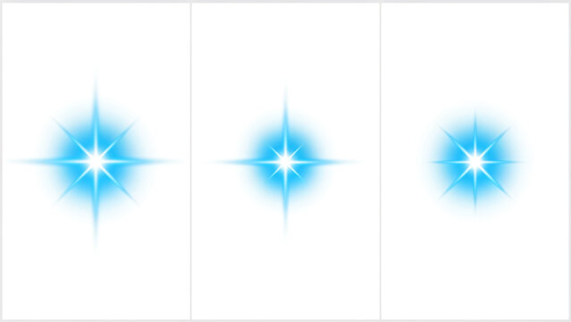 Three glowing blue starburst light effects isolated on a pure white background for