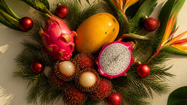 Overhead flat lay of tropical fruit &mdash; mango