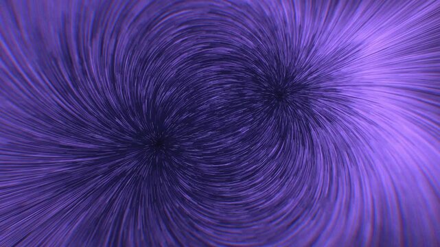 Dark purple particles swirl in a magnetic dual vortex pattern during a smooth 3D animation perfect for sci-fi screensavers and title sequences