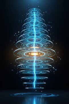 Concentric 3D data rings rendered around vertical beam