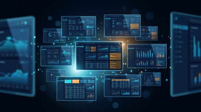 Floating grid of 3D dashboard panels displaying analytics data