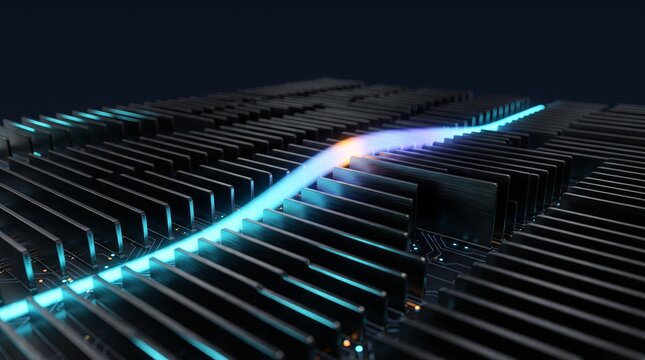 Luminous 3D signal rendered across dark processor grid