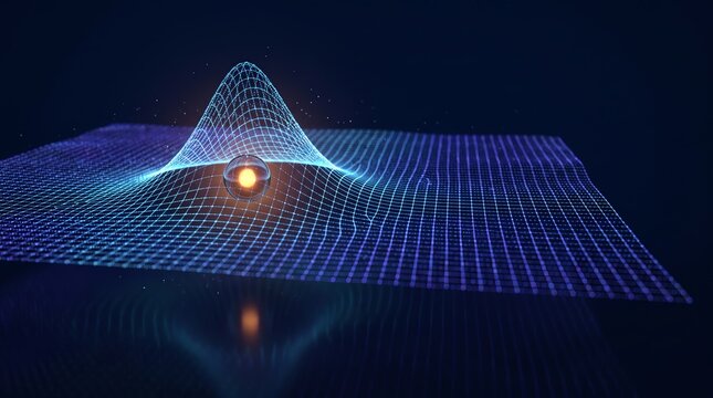 Glowing 3D data sphere bends a wireframe surface