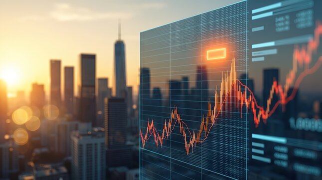 Sunset skyline framed by a 3D stock market chart