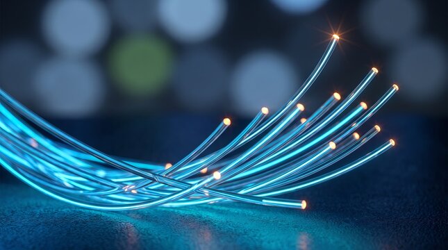 Luminous 3D fiber optic strands arcing through soft bokeh
