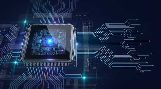 Macro 3D microchip rendered at the core of a circuit