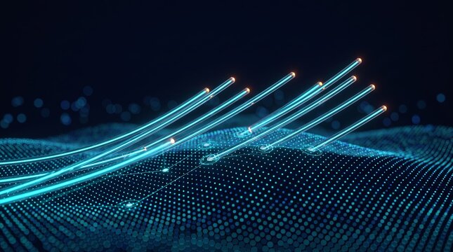 Tangled 3D fiber optic cables glisten on a wet surface