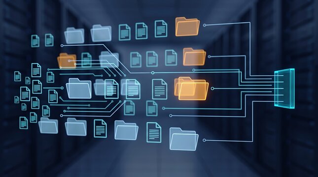 Digital files and folders streaming toward a 3D data drive