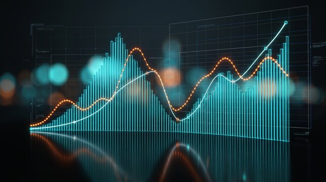 Rising 3D bar chart rendered with fluid trend lines