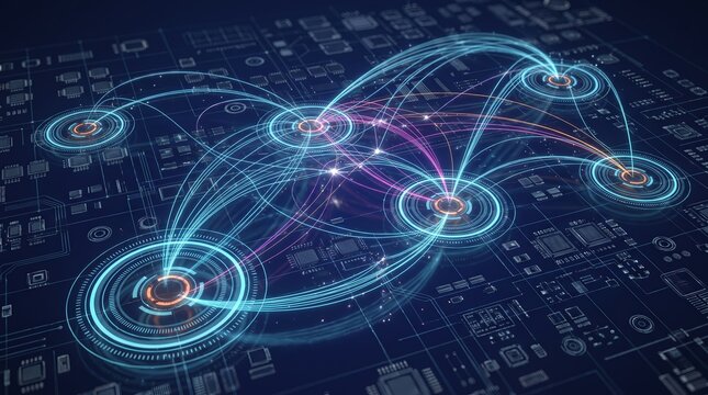 Interlaced 3D circuit nodes pulse across a glowing motherboard