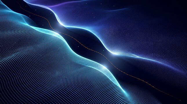 Cascading 3D particle dunes rendered in indigo and amber