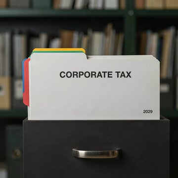 Corporate tax folder neatly organized inside a dark metal filing cabinet drawer within a professional archive room.