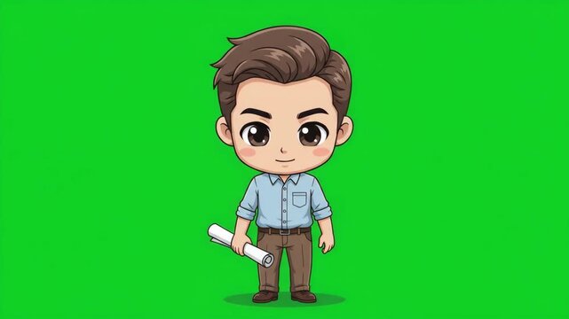 Cute cartoon character of a young man holding a rolled paper, standing on a green screen background.