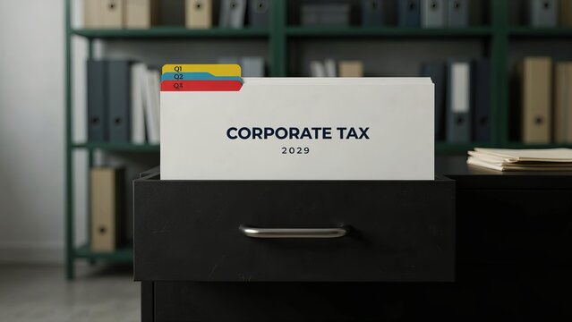Corporate tax 2029 documents neatly filed inside an open drawer within a professional office workspace.