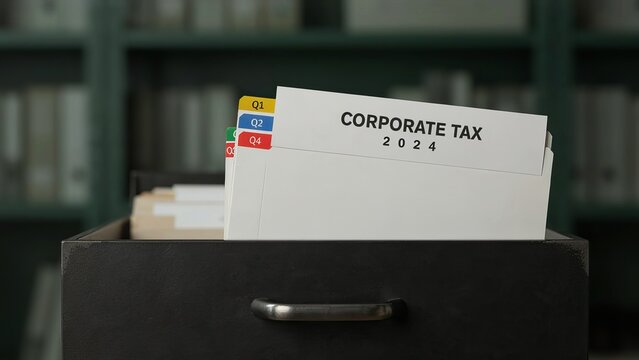 Corporate tax 2024 folders organized meticulously inside a black office desk drawer.