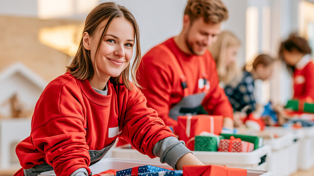 Volunteers Sorting Christmas Toys and Gifts for Charity Donation Drive