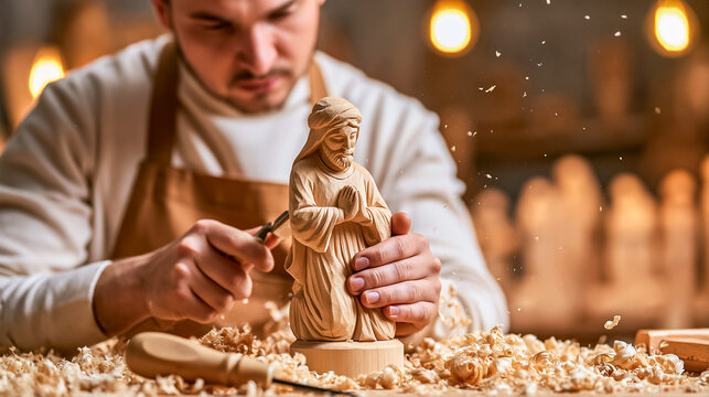 Artisan Woodcarver Crafting Traditional Nativity Figure in Bright Workshop