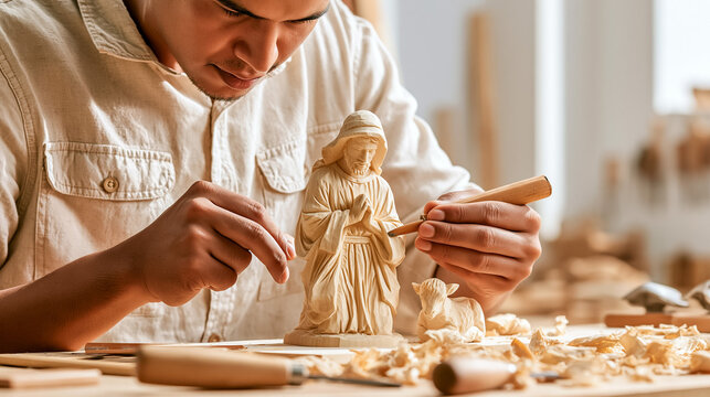 Close Up of Artisan Hands Carving Miniature Wooden Nativity Sculpture