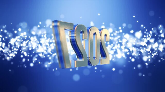 Video animation of golden light shine particles bokeh over blue background and the numbers 2027 in gold - represents the new year - vacation concept.