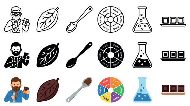 Chocolate cocoa science flavor research icons collection illustrating the process of bean analysis and taste evaluation in food industry development.